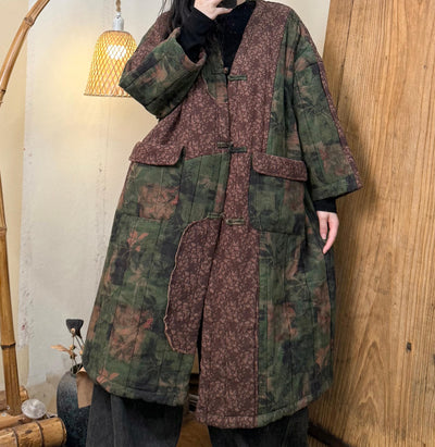 Women Retro Printed Distressed Spliced Mid-Length Warm Coat