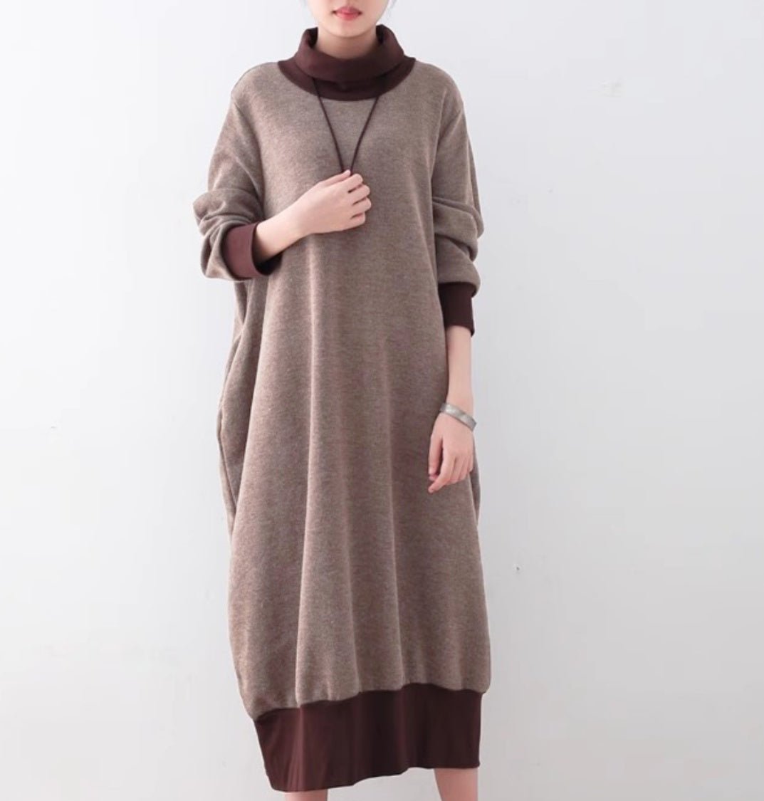 Loose Thickened Warm Turtleneck Color Block Dresses