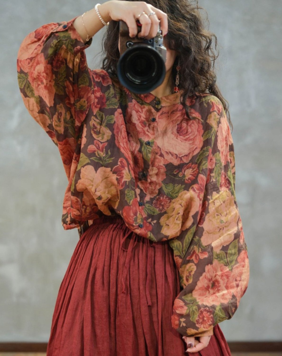 Plus Size Retro Peony Printed Loose Ramie Shirts