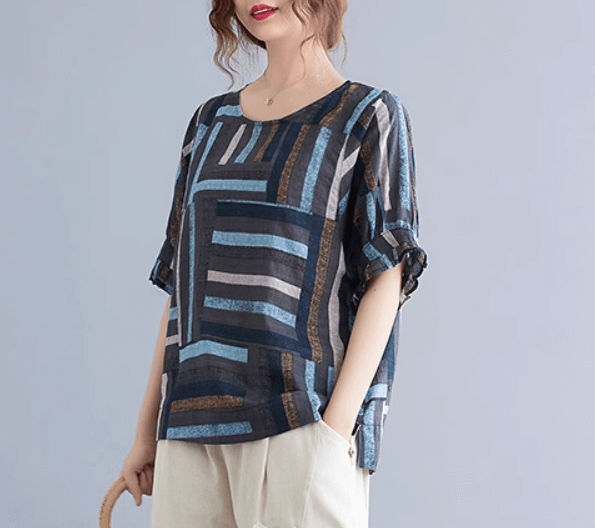 Babakud Women Summer Cotton Linen Striped T- Shirt