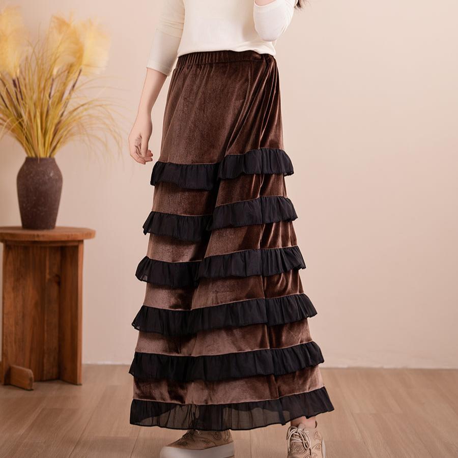 Women Vintage A-Line Layered Midi Skirt with Ruffled Hem