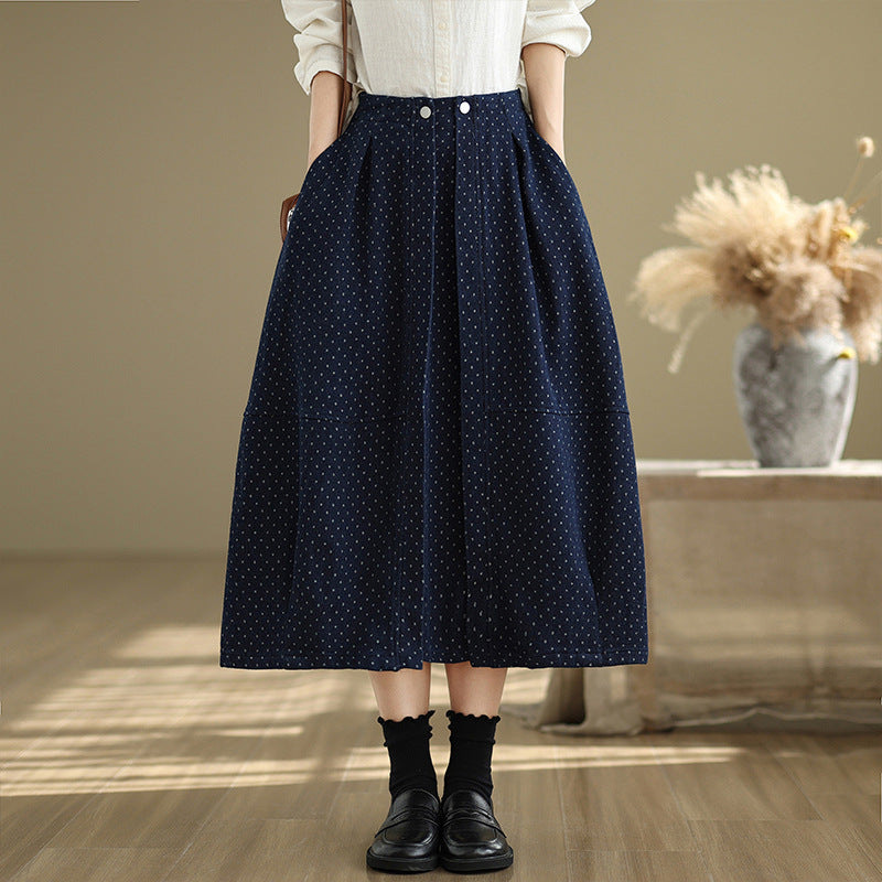 Babakud Women Spring Vintage Knit Denim Skirt with Polka Dot Design