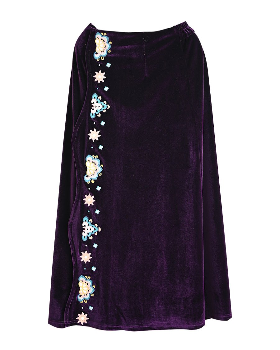 Women Autumn Floral Embroidered Velvet A- Line Skirt