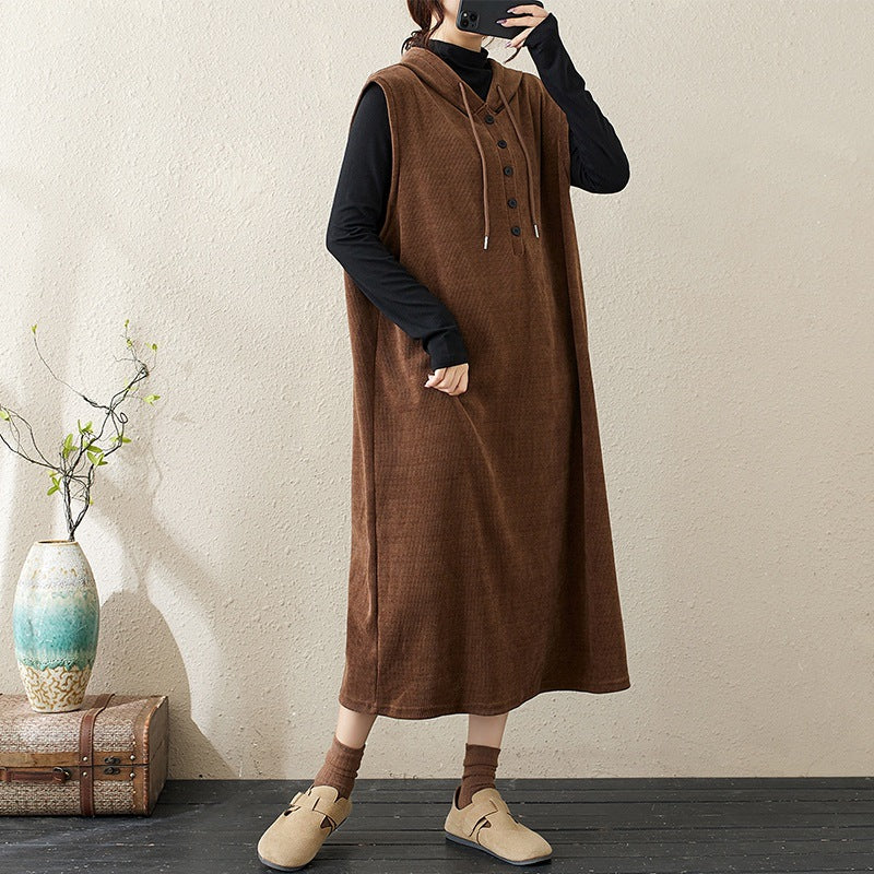 Babakud Women Autumn Retro Corduroy Hoodie Dress