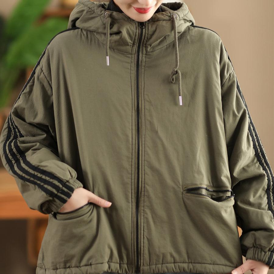 Babakud Women Winter Retro Patchwork Striped Hooded Quilted Cotton Jacket