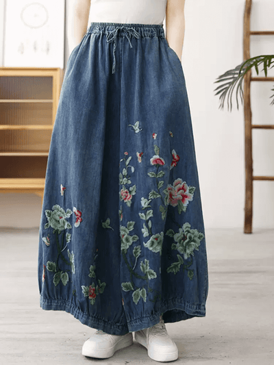 Babakud Women Autumn Floral Comfortable Cotton Denim Pants