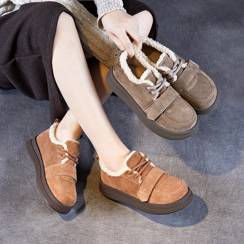 Women Winter Fleece-Lined Leather Suede Platform Buckle Shoes