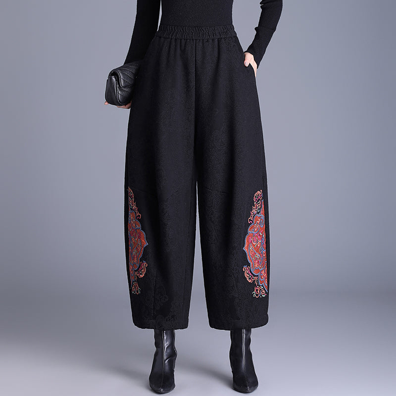 Babakud Women Winter Retro Fleece-Lined Embroidered Cotton Linen Wide-Leg Pants