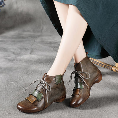 Babakud Women Winter Handmade Vintage Genuine Leather Lace- Up Ankle Boots