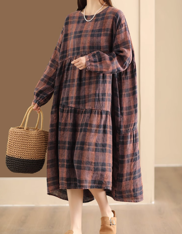 Babakud Women Autumn Plaid Linen A- Line Dress