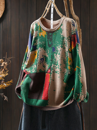 Babakud Women Autumn Retro Loose Painted Cotton Knitted Sweater