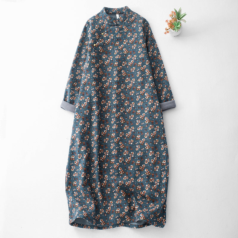 Babakud Women Winter Thickened Printed Floral Loose Fit Cotton Linen Dress