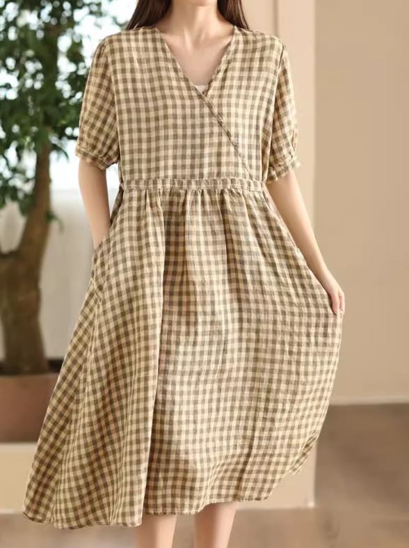 Babakud Women Summer Linen Plaid Dress