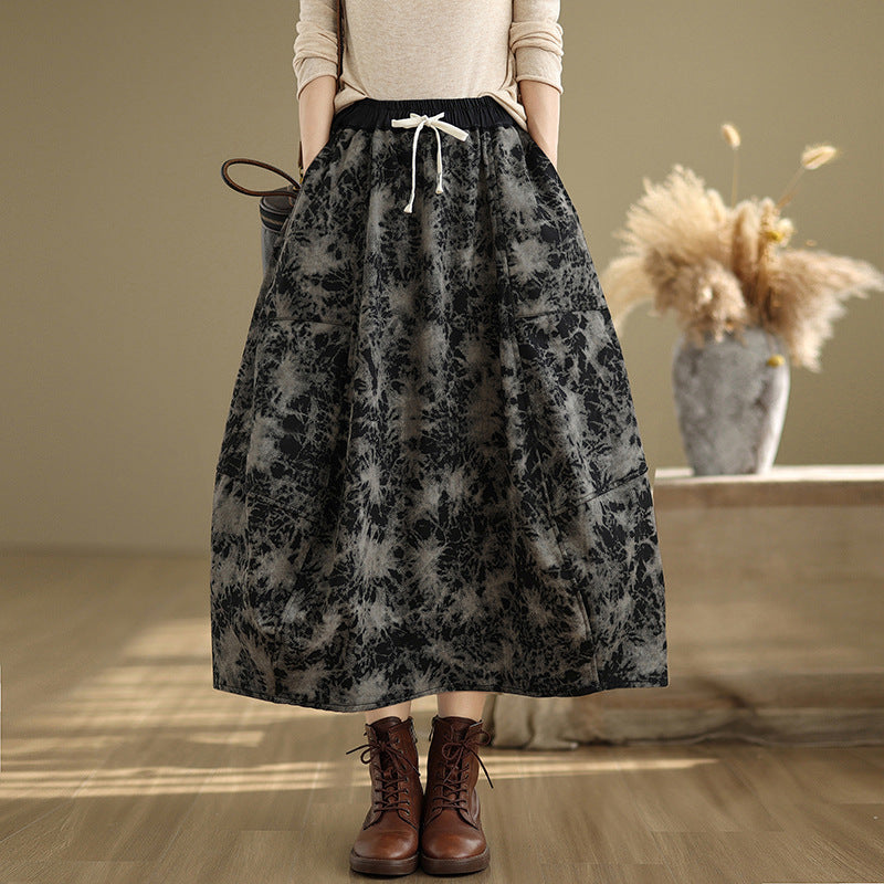 Babakud Women Winter Loose Fit Fleece-Lined Denim A-Line Skirt