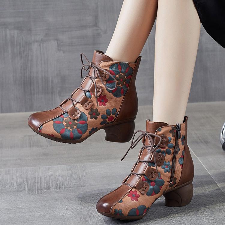 Babakud Women Winter Ethnic Style Floral Leather Boots