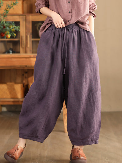 Babakud Women Autumn Retro Loose Solid Colors Hemp Harem Pants