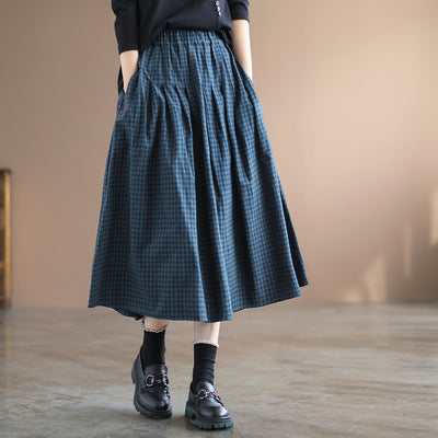 Babakud Women Spring Vintage Cotton Linen Plaid A-Line Skirt