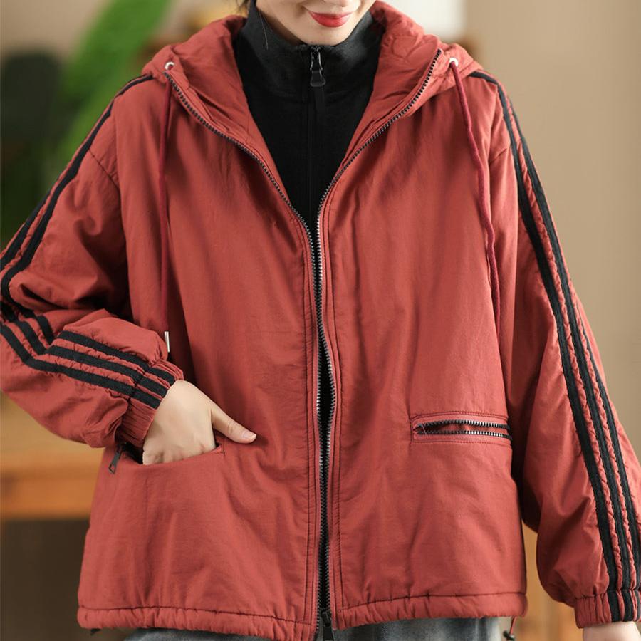 Babakud Women Winter Retro Patchwork Striped Hooded Quilted Cotton Jacket