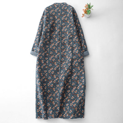 Babakud Women Winter Thickened Printed Floral Loose Fit Cotton Linen Dress