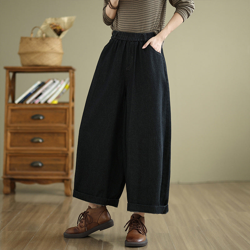 Women Winter Retro Casual Fleece-Lined Wide-Leg Denim Pants