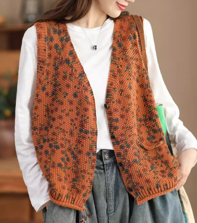 Babakud Women Retro Floral Dye Cotton Knit Vest