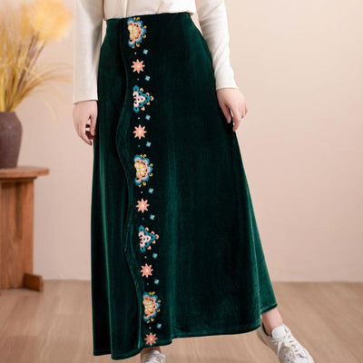 Women Autumn Floral Embroidered Velvet A- Line Skirt