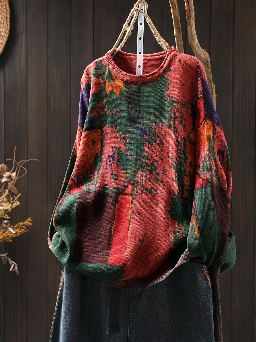 Babakud Women Autumn Retro Loose Painted Cotton Knitted Sweater