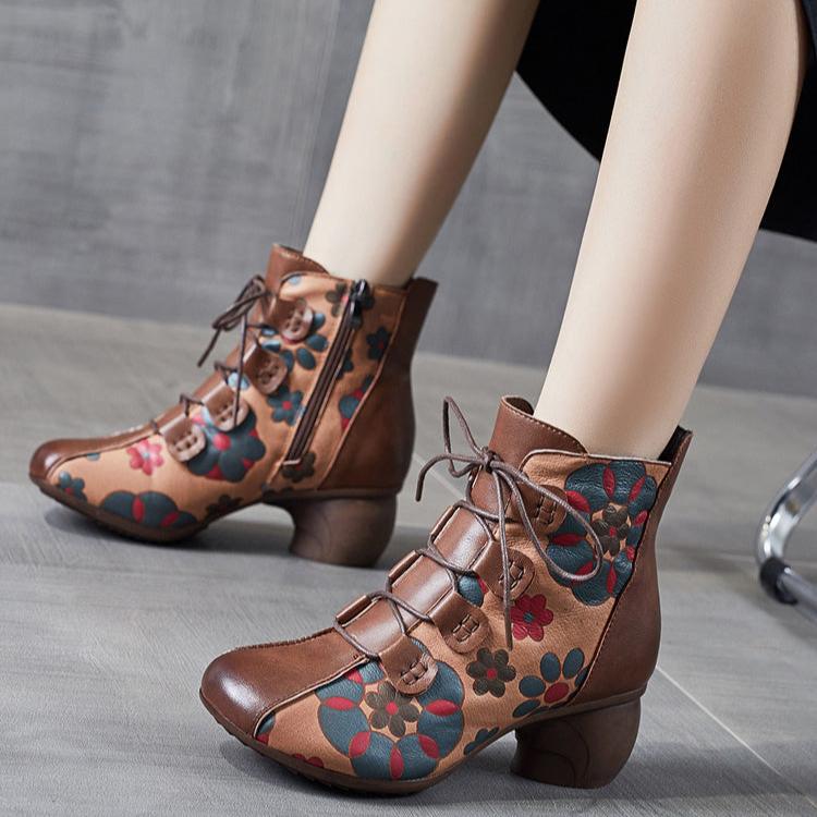 Babakud Women Winter Ethnic Style Floral Leather Boots