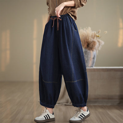 Babakud Women Autumn Retro Elastic Waist Bloomers Jeans