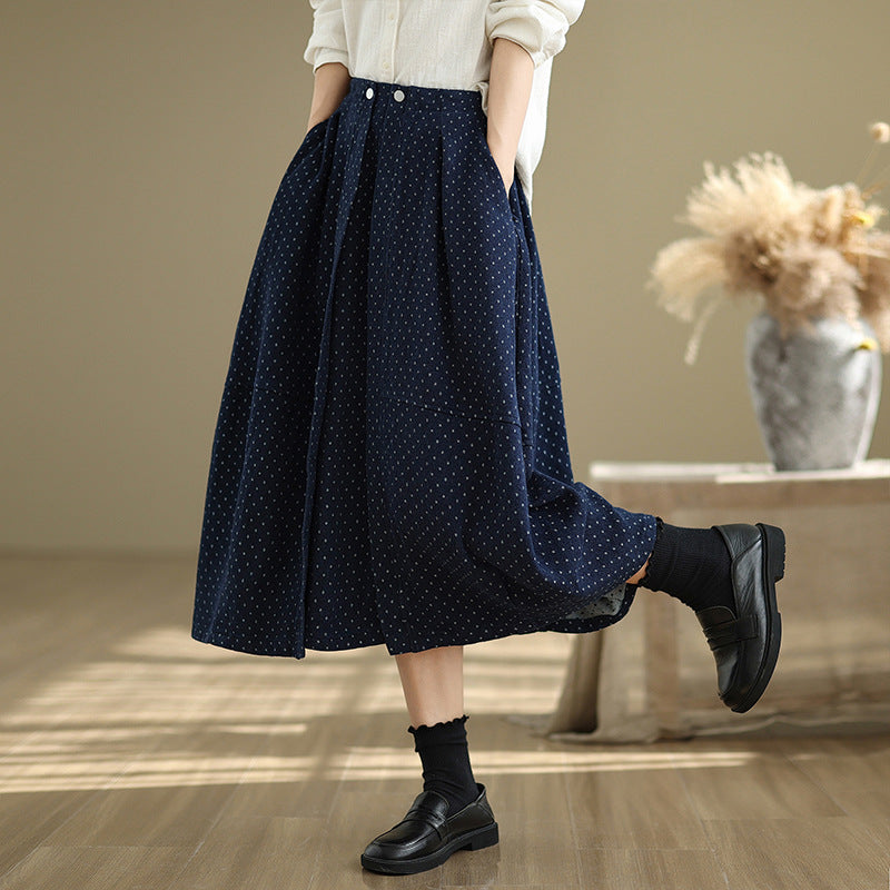 Babakud Women Spring Vintage Knit Denim Skirt with Polka Dot Design