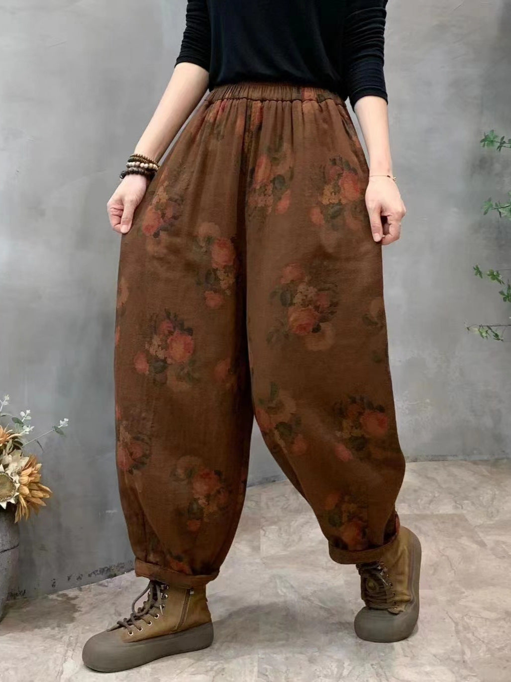 Babakud Women Autumn Retro Printed Cotton Floral Casual Harem Pants