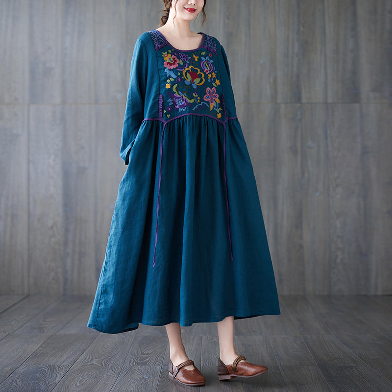 Babakud Women Autumn Retro Embroidery Cotton Linen Dress