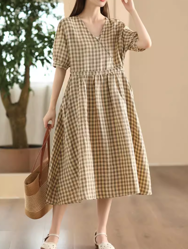 Babakud Women Summer Linen Plaid Dress