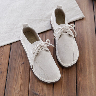 Women Retro Suede Lace-Up Casual Handmade Flat Shoes