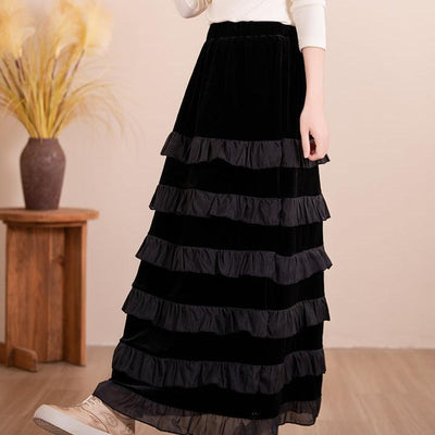 Women Vintage A-Line Layered Midi Skirt with Ruffled Hem