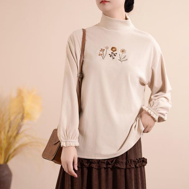 Women Winter Vintage Embroidered Long Sleeves Turtleneck Cotton Shirt