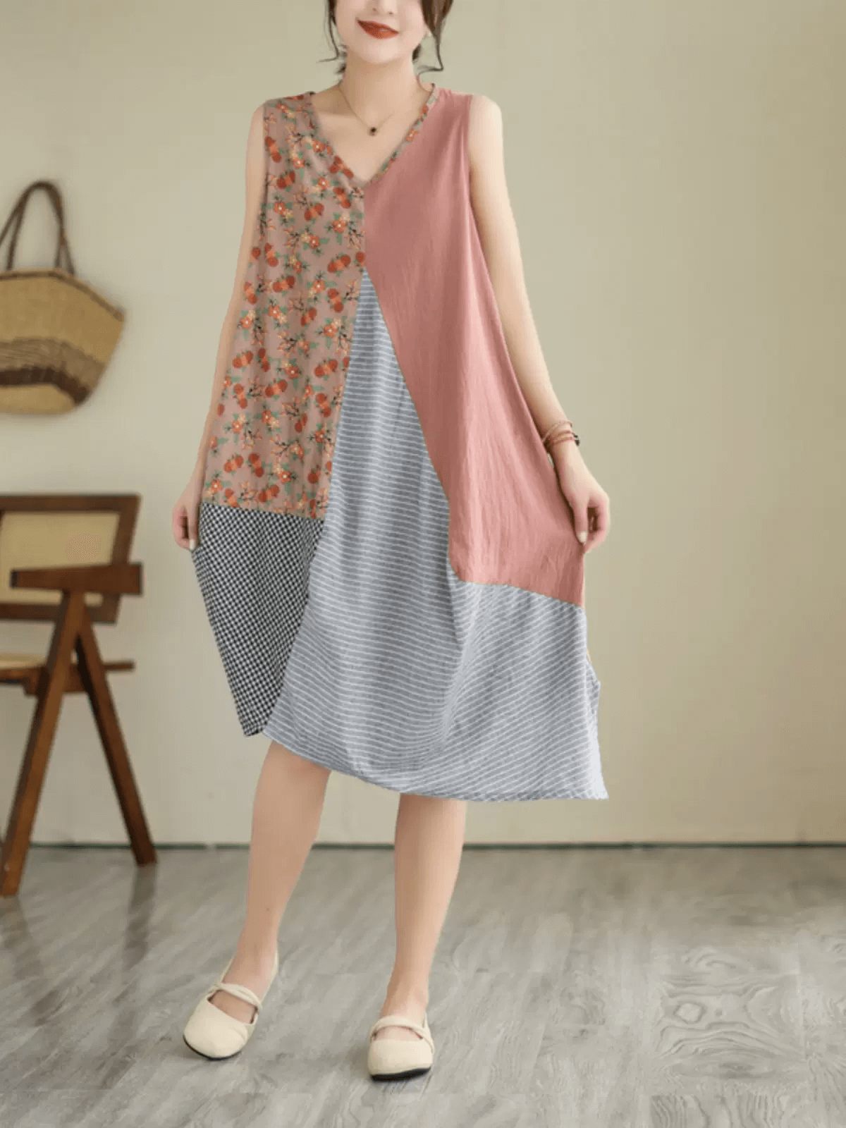 Babakud Women Patchwork Cotton Linen Midi Dress
