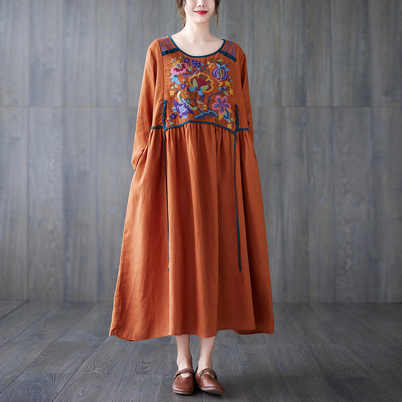 Babakud Women Autumn Retro Embroidery Cotton Linen Dress