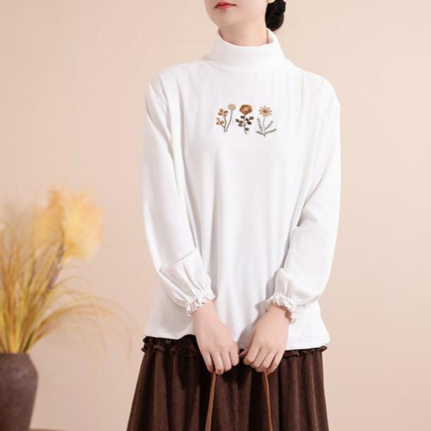 Women Winter Vintage Embroidered Long Sleeves Turtleneck Cotton Shirt