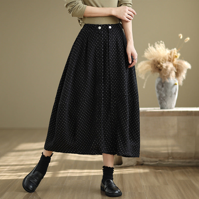 Babakud Women Spring Vintage Knit Denim Skirt with Polka Dot Design