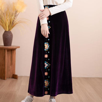 Women Autumn Floral Embroidered Velvet A- Line Skirt