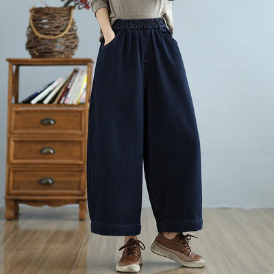 Women Winter Retro Casual Fleece-Lined Wide-Leg Denim Pants