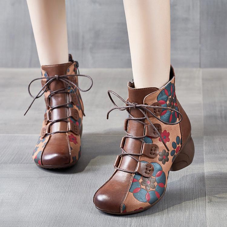 Babakud Women Winter Ethnic Style Floral Leather Boots