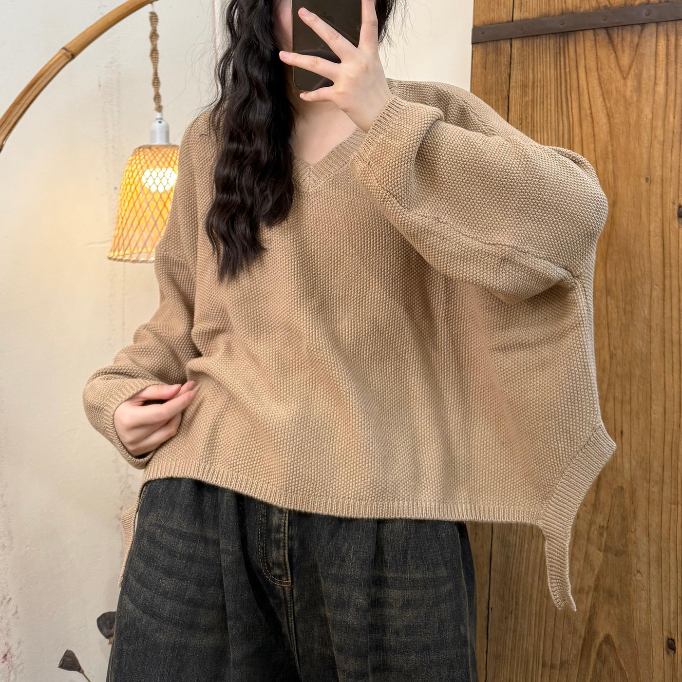 Women Spring Vintage Casual Cotton Knit Sweater with Batwing Sleeves