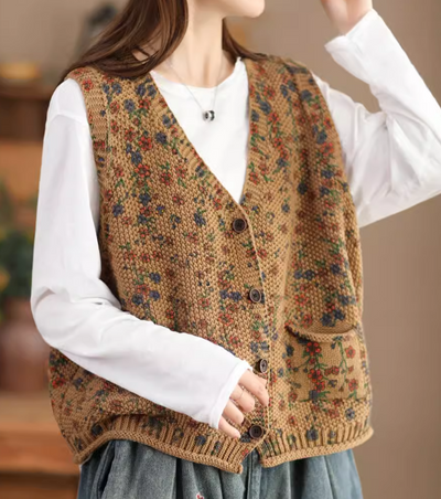 Babakud Women Retro Floral Dye Cotton Knit Vest