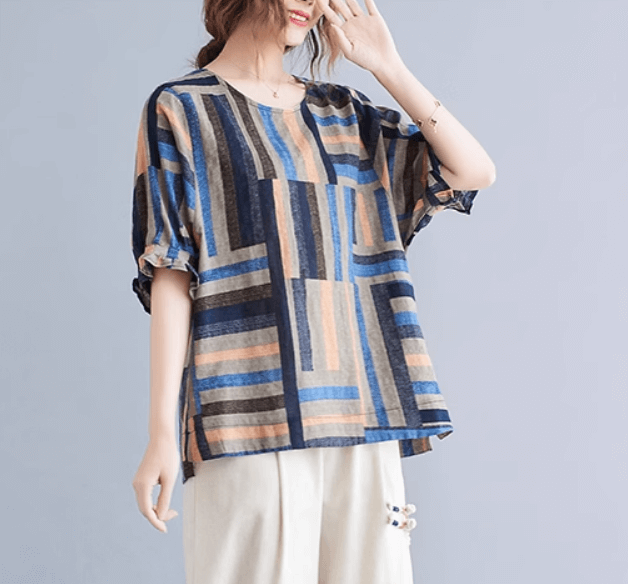 Babakud Women Summer Cotton Linen Striped T- Shirt