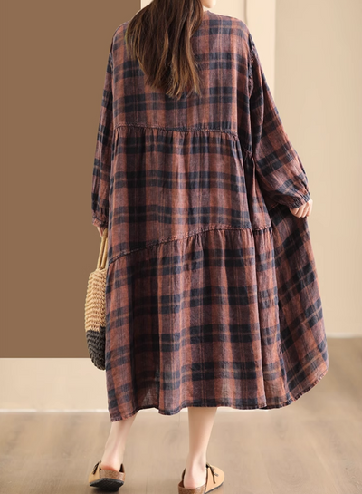 Babakud Women Autumn Plaid Linen A- Line Dress