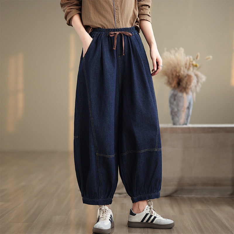 Babakud Women Autumn Retro Elastic Waist Bloomers Jeans