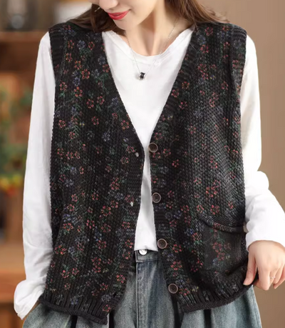 Babakud Women Retro Floral Dye Cotton Knit Vest