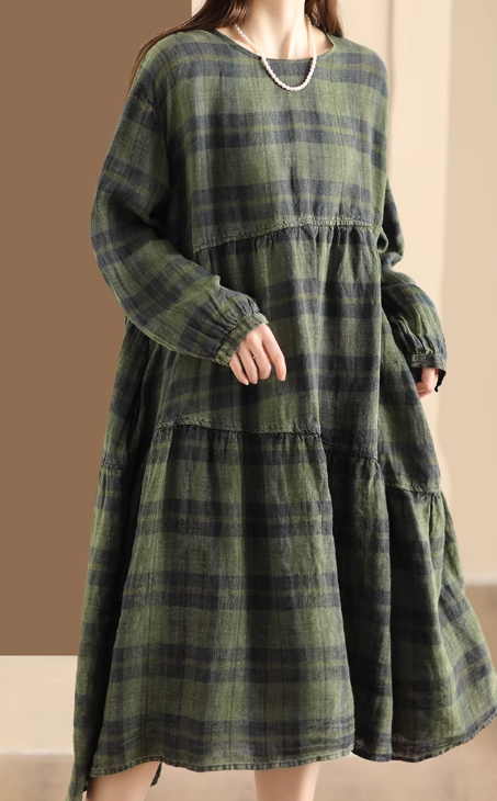 Babakud Women Autumn Plaid Linen A- Line Dress